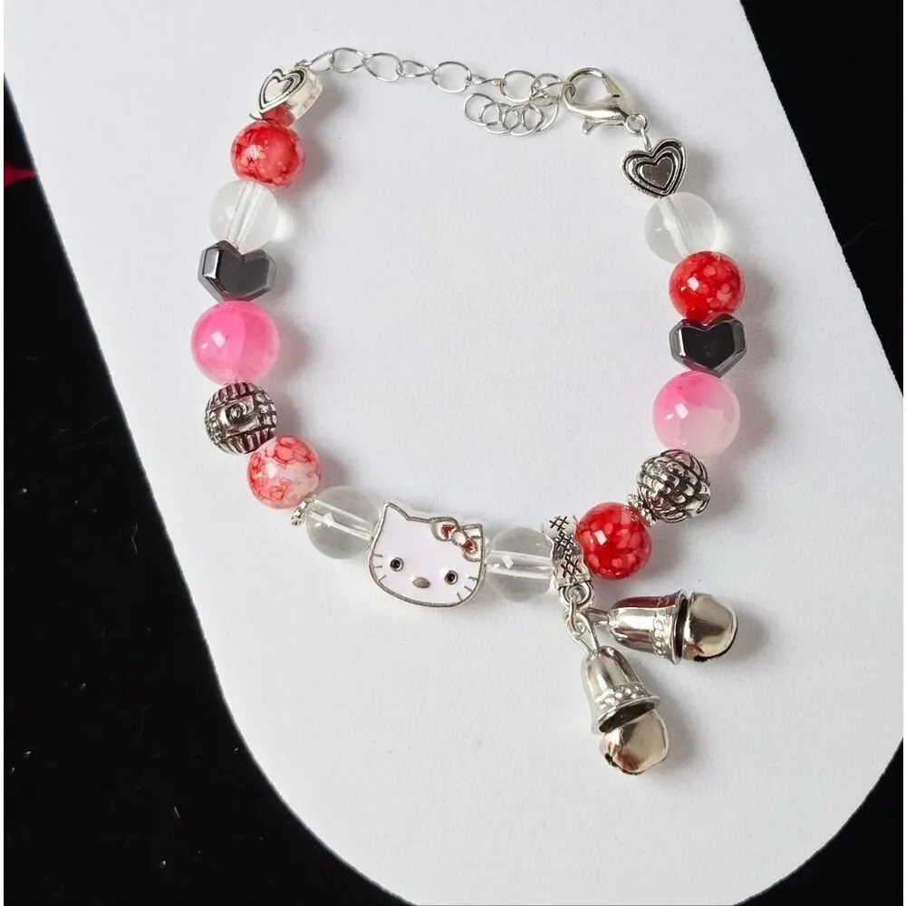 Hello Kitty Beaded Bracelet Pink Marble Resin Hematite Heart Bell Charm Kawaii